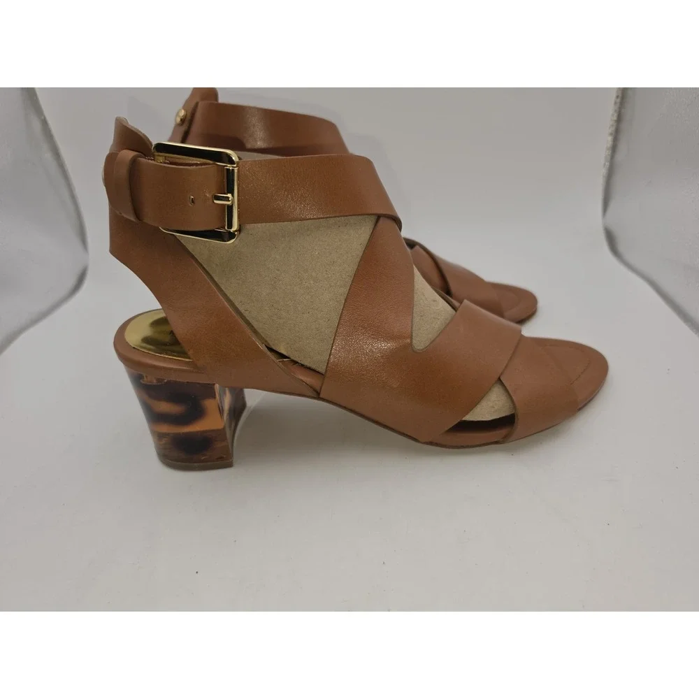 MICHAEL Michael Kors Maribella Luggage Brown Leather Sandals Tortoise Heel Sz 10